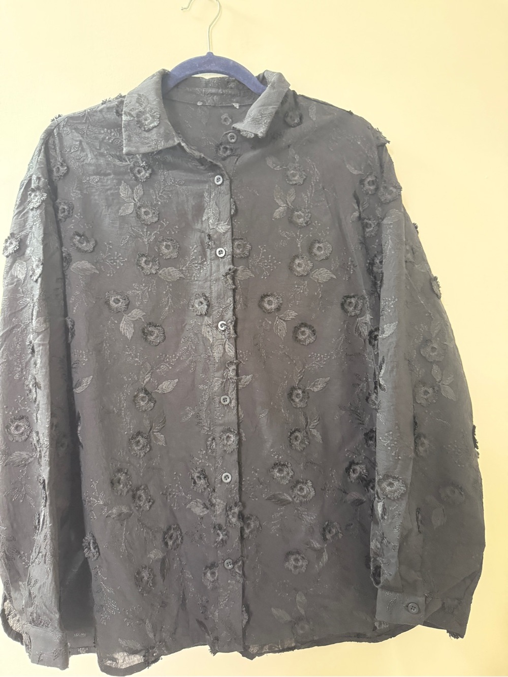 Black Sheer 3D Floral Embroidered Button Front Blouse 100% Cotton